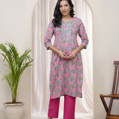 Women Grey Cotton printed Straight Kurti