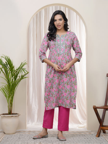 Women Grey Cotton printed Straight Kurti