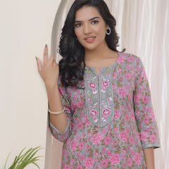 Women Grey Cotton printed Straight Kurti