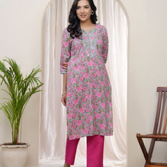 Women Grey Cotton printed Straight Kurti