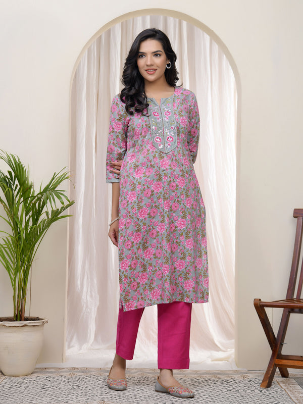 Women Grey Cotton printed Straight Kurti