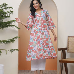Women Peach floral Cotton printed flare Kurti