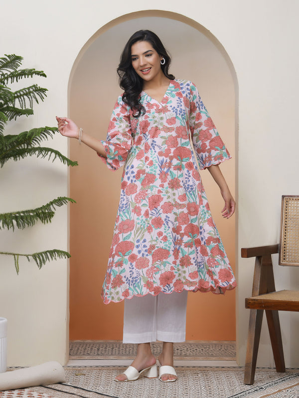 Women Peach floral Cotton printed flare Kurti
