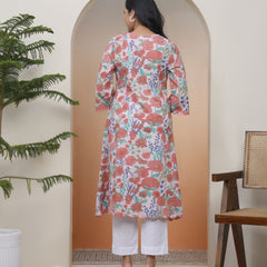 Women Peach floral Cotton printed flare Kurti