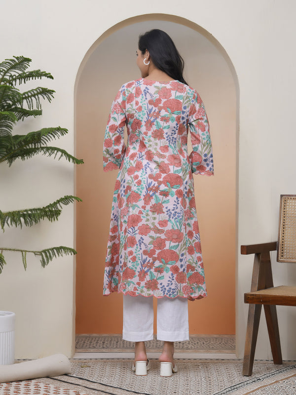 Women Peach floral Cotton printed flare Kurti