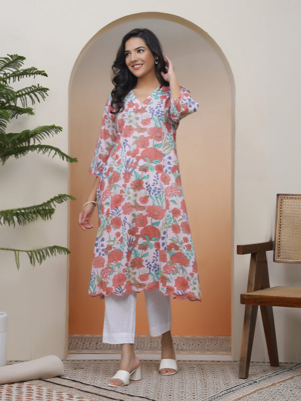 Women Peach floral Cotton printed flare Kurti