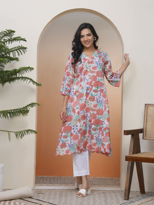 Women Peach floral Cotton printed flare Kurti