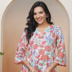 Women Peach floral Cotton printed flare Kurti