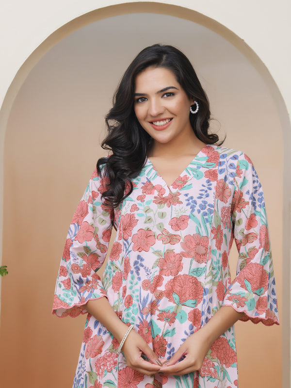 Women Peach floral Cotton printed flare Kurti