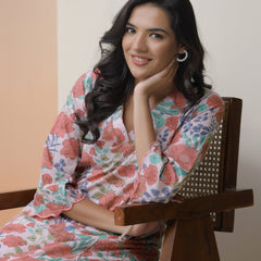 Women Peach floral Cotton printed flare Kurti