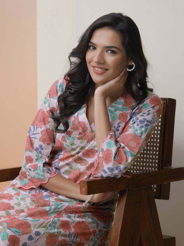 Women Peach floral Cotton printed flare Kurti