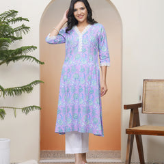 Women lavender floral Cotton printed flare Kurti
