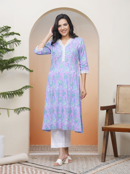 Women lavender floral Cotton printed flare Kurti