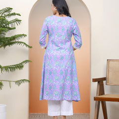 Women lavender floral Cotton printed flare Kurti