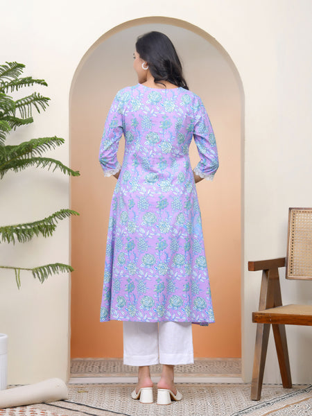 Women lavender floral Cotton printed flare Kurti