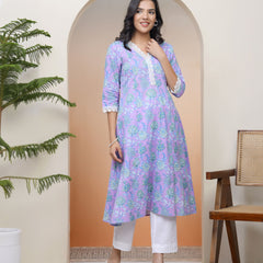 Women lavender floral Cotton printed flare Kurti