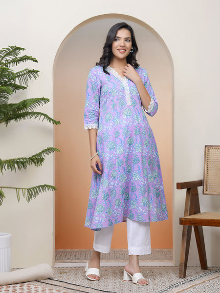 Women lavender floral Cotton printed flare Kurti