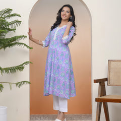 Women lavender floral Cotton printed flare Kurti