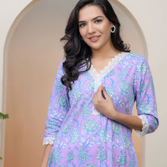 Women lavender floral Cotton printed flare Kurti