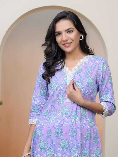 Women lavender floral Cotton printed flare Kurti