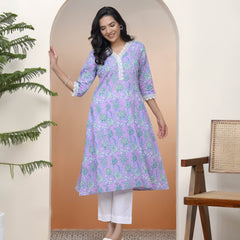 Women lavender floral Cotton printed flare Kurti