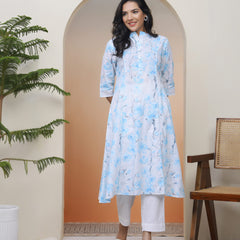 Women white floral Cotton printed flare Kurti