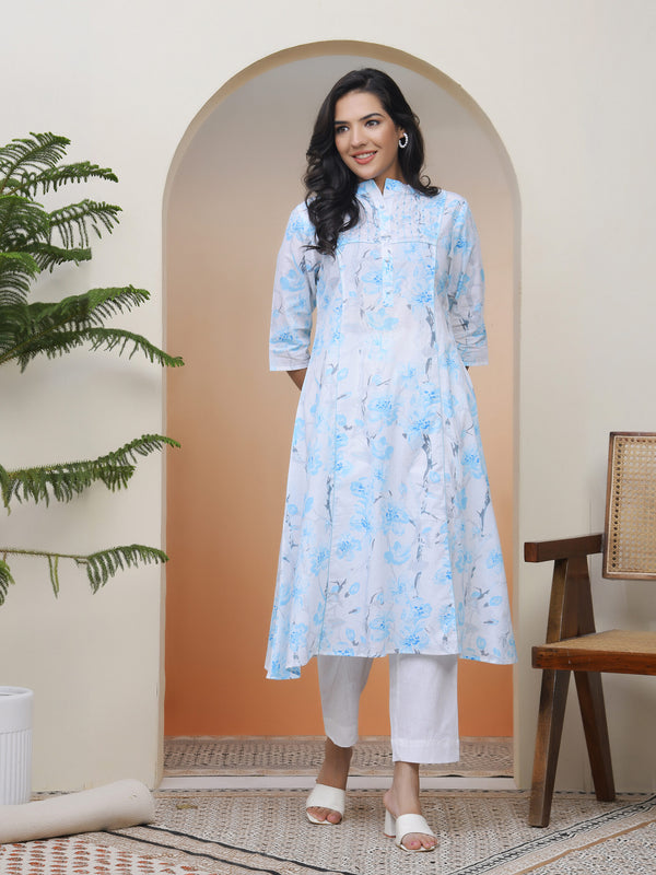 Women white floral Cotton printed flare Kurti