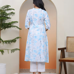 Women white floral Cotton printed flare Kurti