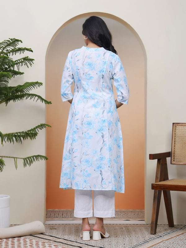 Women white floral Cotton printed flare Kurti