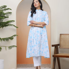 Women white floral Cotton printed flare Kurti