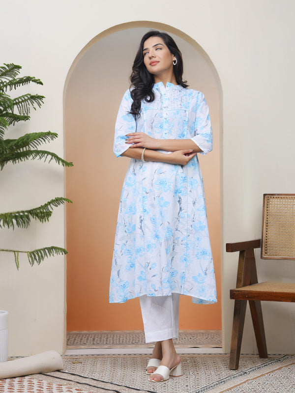 Women white floral Cotton printed flare Kurti