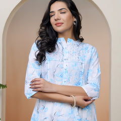 Women white floral Cotton printed flare Kurti