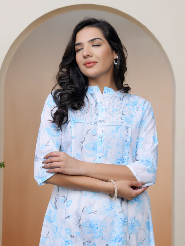 Women white floral Cotton printed flare Kurti