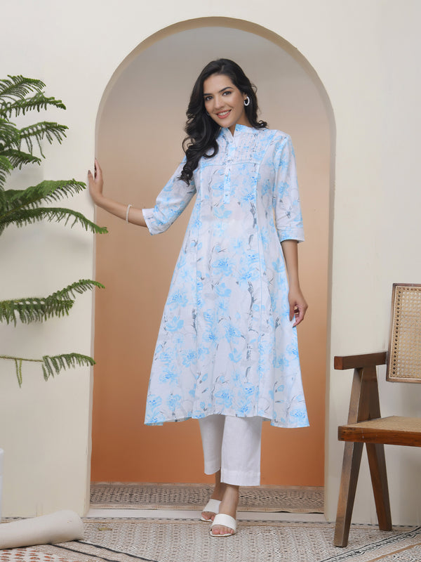 Women white floral Cotton printed flare Kurti