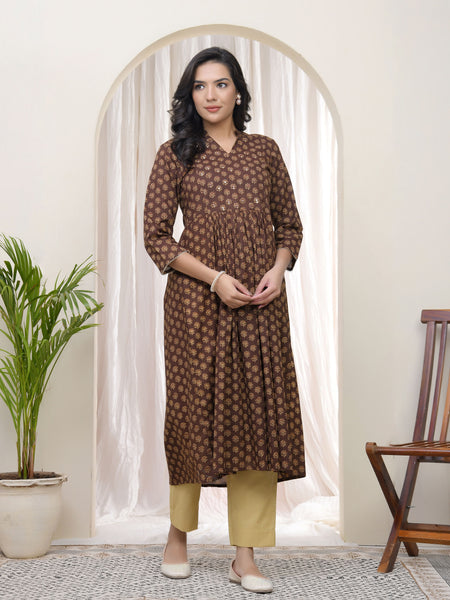 Brown boonta Cotton printed gathered Kurti