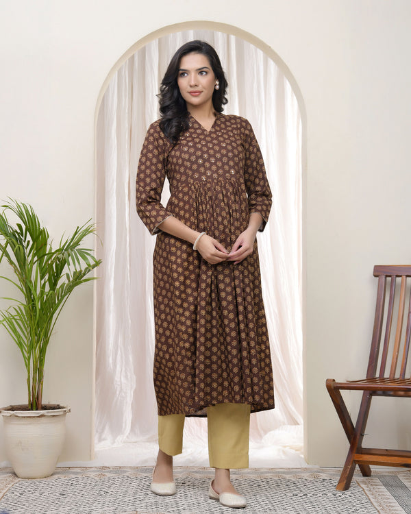 Brown boonta Cotton printed gathered Kurti