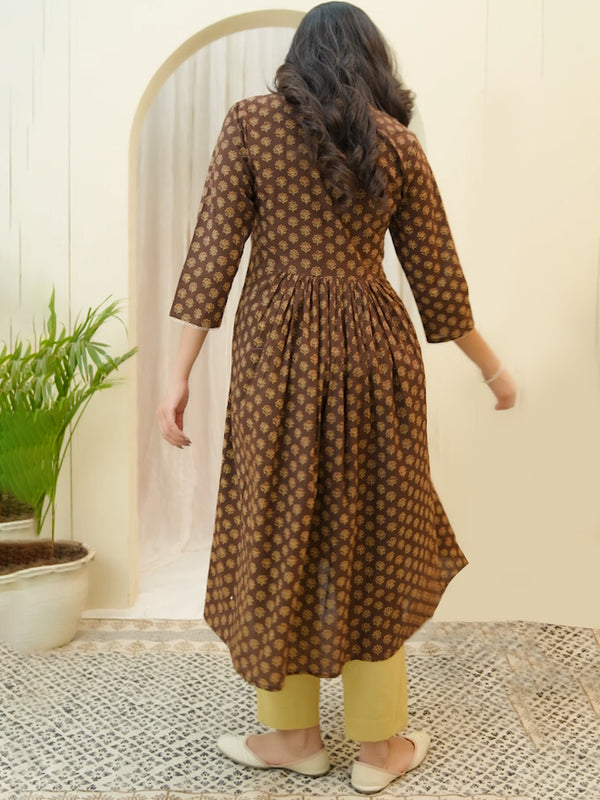 Brown boonta Cotton printed gathered Kurti
