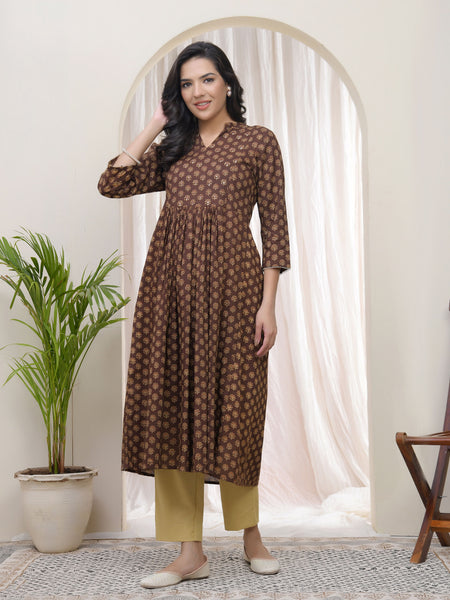 Brown boonta Cotton printed gathered Kurti