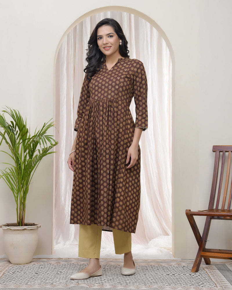 Brown boonta Cotton printed gathered Kurti