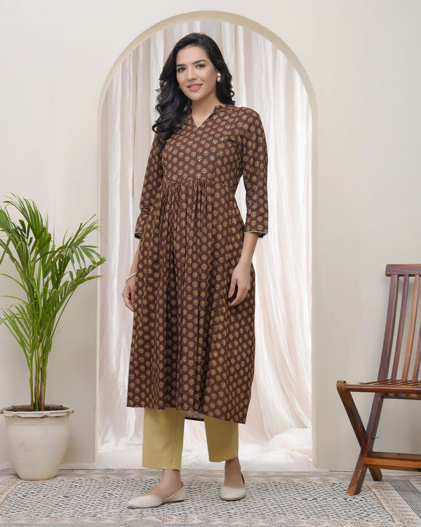 Brown boonta Cotton printed gathered Kurti