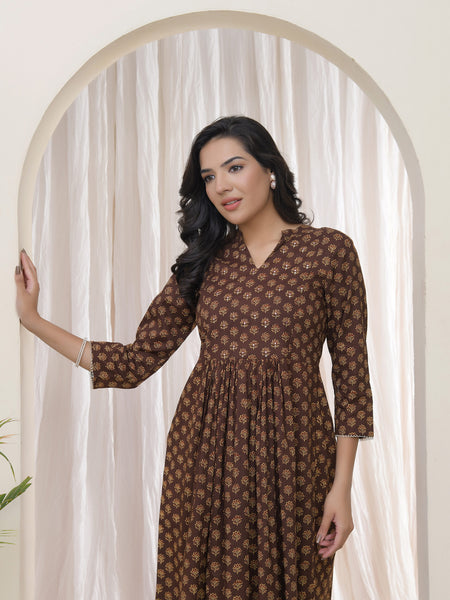 Brown boonta Cotton printed gathered Kurti