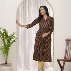 Brown boonta Cotton printed gathered Kurti