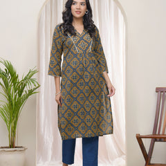 Blue Ajkakh Printed Gathered Style V Neckline Kurti With Embroidered Yoke