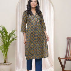 Blue Ajkakh Printed Gathered Style V Neckline Kurti With Embroidered Yoke