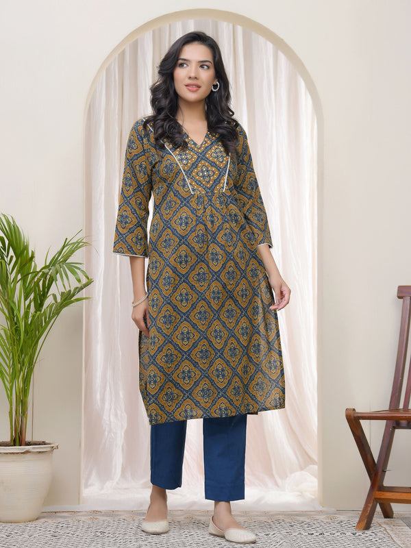 Blue Ajkakh Printed Gathered Style V Neckline Kurti With Embroidered Yoke