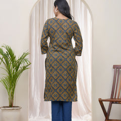 Blue Ajkakh Printed Gathered Style V Neckline Kurti With Embroidered Yoke