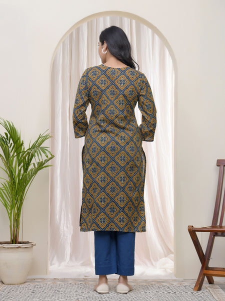 Blue Ajkakh Printed Gathered Style V Neckline Kurti With Embroidered Yoke