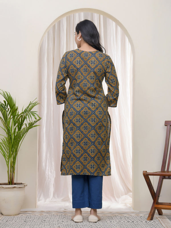 Blue Ajkakh Printed Gathered Style V Neckline Kurti With Embroidered Yoke