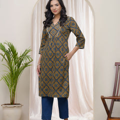 Blue Ajkakh Printed Gathered Style V Neckline Kurti With Embroidered Yoke