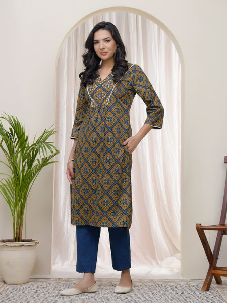 Blue Ajkakh Printed Gathered Style V Neckline Kurti With Embroidered Yoke